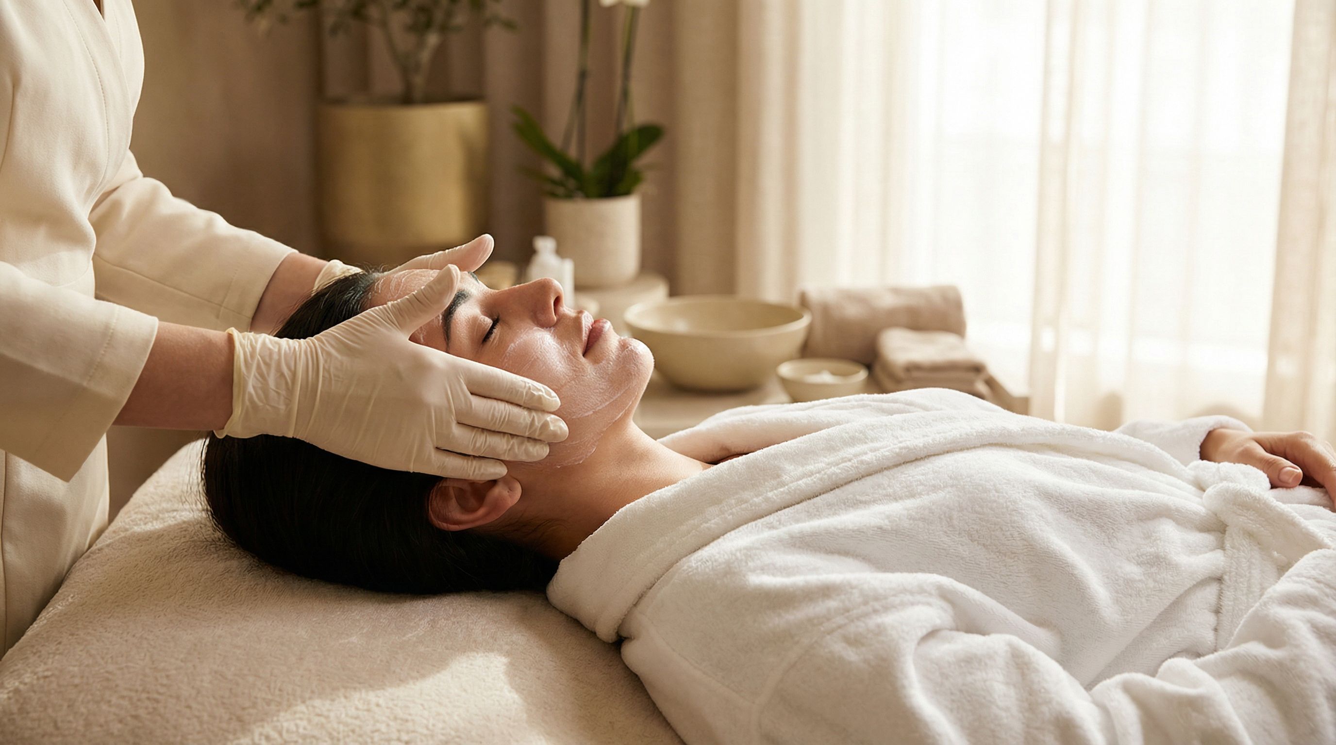 Woman receiving gentle facial treatment at luxury spa